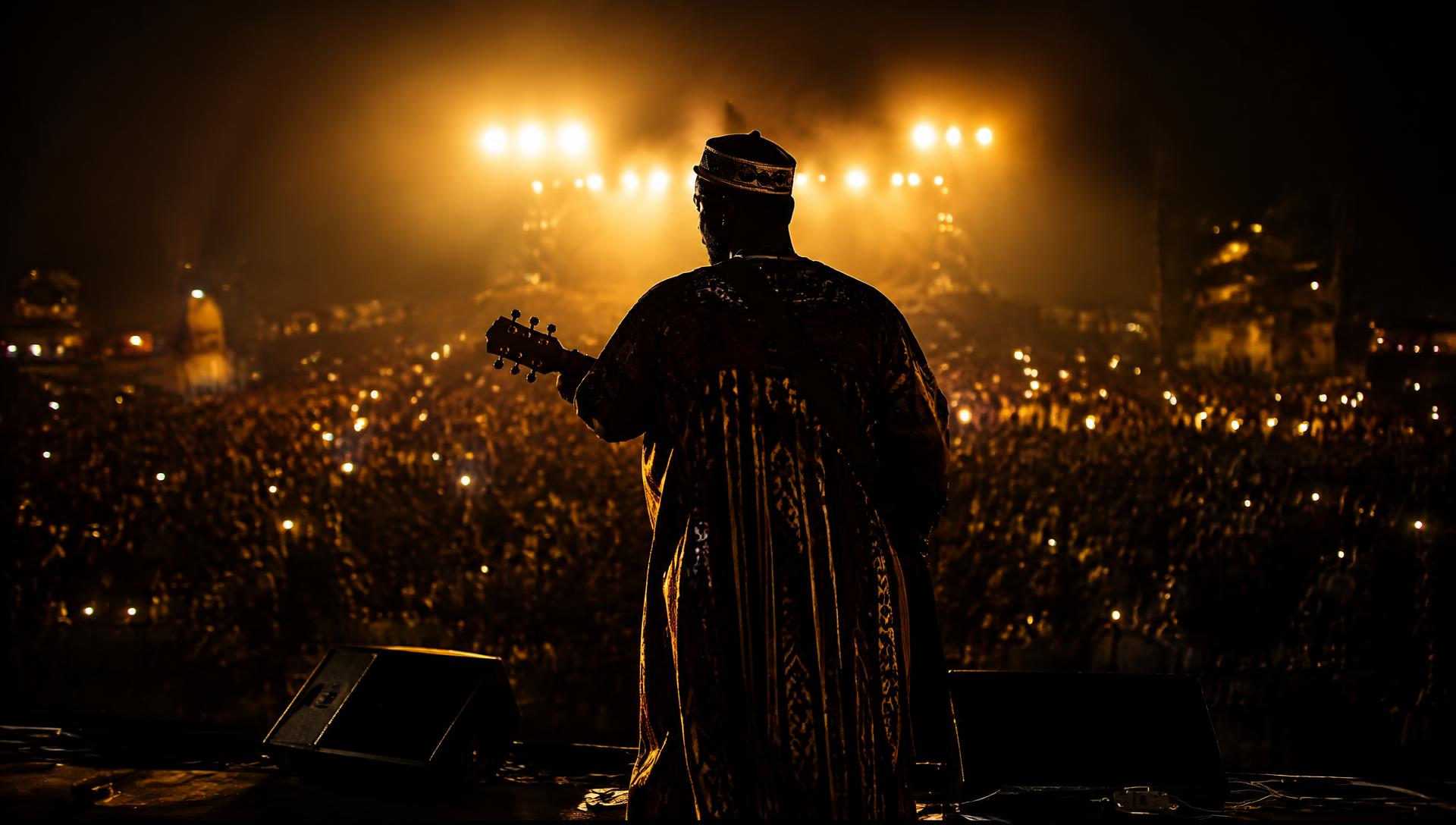 A musician on stage facing a vast crowd lit in gold
